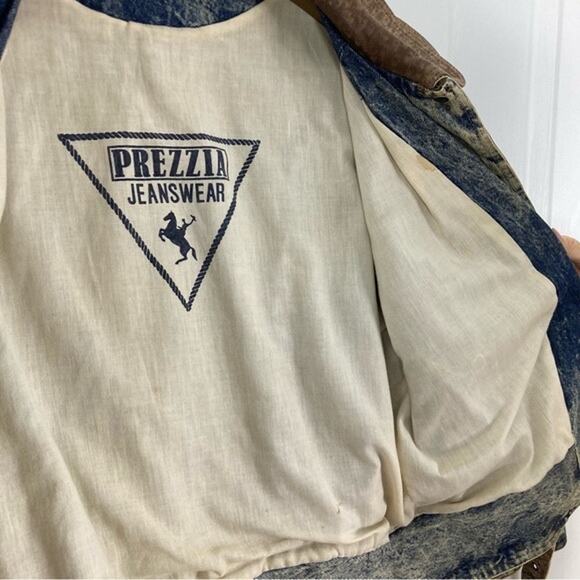 PREZZIA JEANS Jacket Women M Vintage Leather Patch Acid Wash Denim Adjust-Belt - Picture 6 of 16